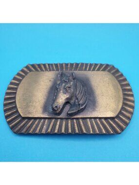Vintage Brass Horse Head Belt Buckle With Etched Sunburst Design Approx. 3" x 2"